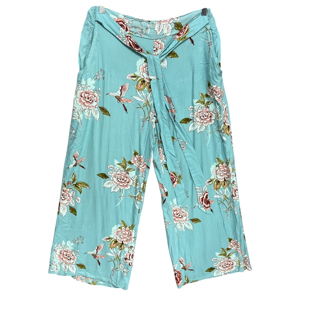Angie Floral Hummingbird Wide Leg Tie Front Pants Teal Boho Large Wide Leg Flowy